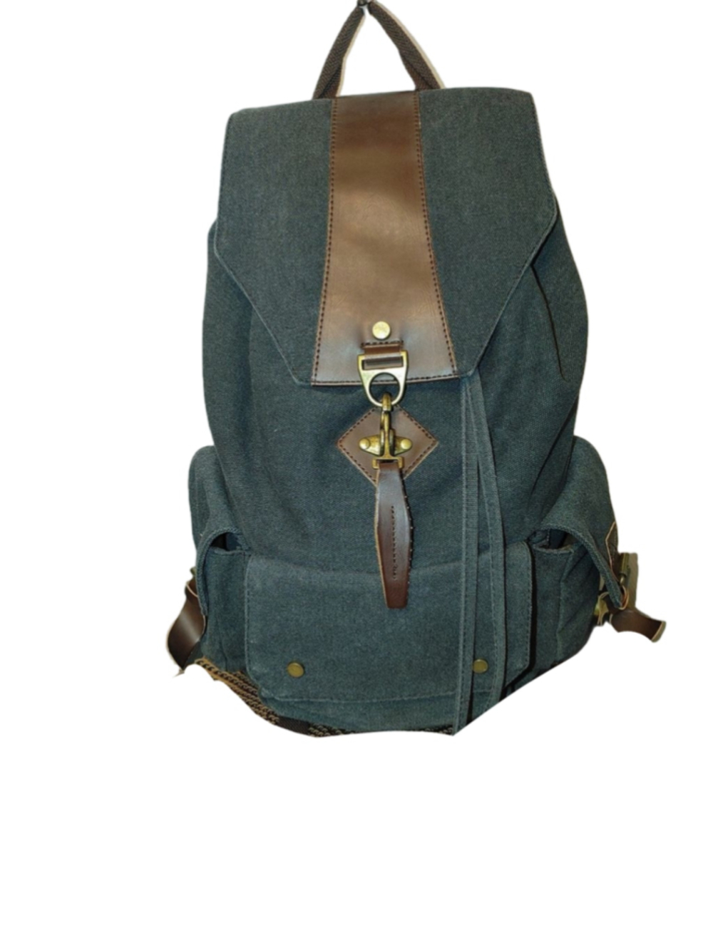 Gray Canvas Backpack with Leather Trim